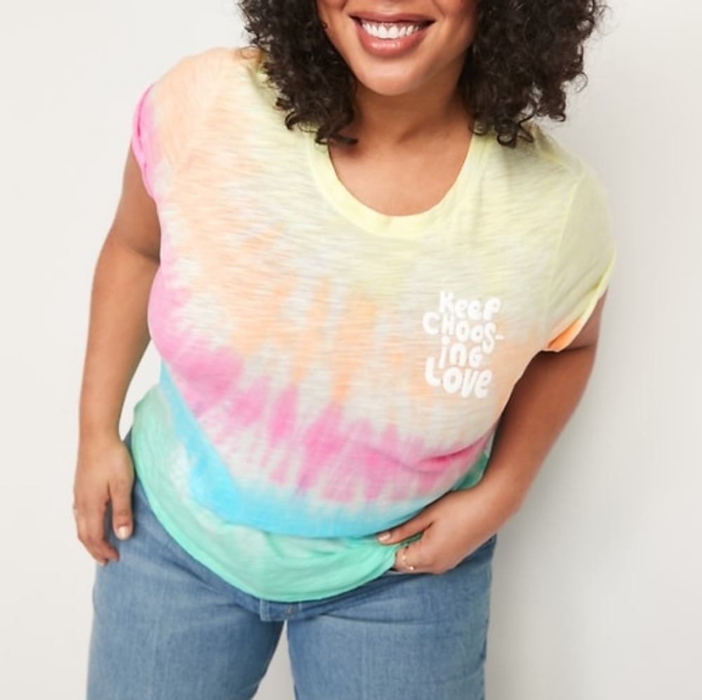 Old Navy "Keep Choosing Love" Tie Dye Relaxed Fit Yellow Pink Blue Green Tee